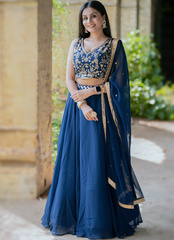 Zari Embroidered Party Wear Navy Blue Georgette Lehenga Choli